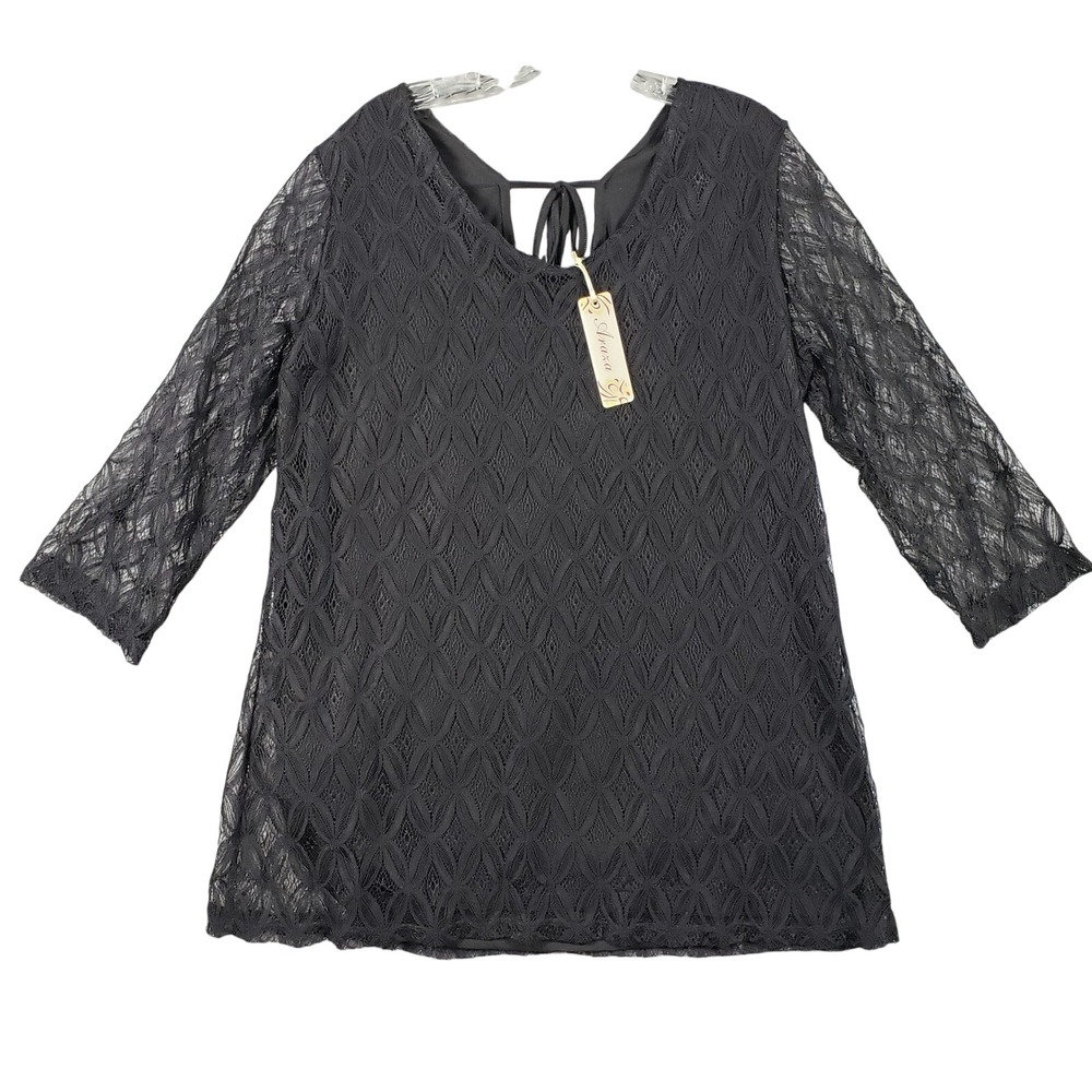 Araxa 3X Black Lace Overlay Boho Top Tassel‎ V-Neck Sheer Sleeve Whimsigoth NWT